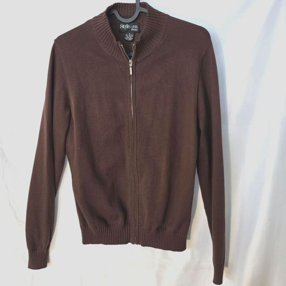 #0298 Style & Co. Petite Brown Full Zip Knit Cardigan Sweater Small Cotton Blend